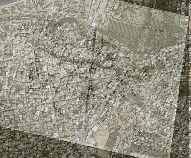 1700 map overlaid on modern map of Aigio.