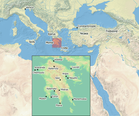 Map of Europe, the Middle East, and North Africa centered on the Mediterranean Sea with an inset map of the Peloponnese with the locations of Sicily, Venice, Constantinople, Crete, Corinth, Vostitsa, Patras, Modon, Coron, Mistra, Monemvasia, Nikli, Maina, Kalamata, Kalavryta, Andravida, and Chlemoutsi.