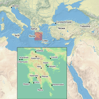 Map of Europe, the Middle East, and North Africa centered on the Mediterranean Sea with an inset map of the Peloponnese with the locations of Sicily, Venice, Constantinople, Crete, Corinth, Vostitsa, Patras, Modon, Coron, Mistra, Monemvasia, Nikli, Maina, Kalamata, Kalavryta, Andravida, and Chlemoutsi.