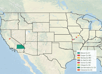 Map of the United States from Kentucky to California with various counties indicated.