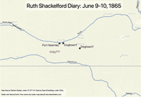 Map of the area near Fort Kearney along the Platte River with potential locations for Dogtown indicated.