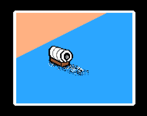 Screenshot of covered wagon floating river from game Oregon Trail.