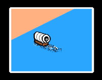 Screenshot of covered wagon floating river from game Oregon Trail.