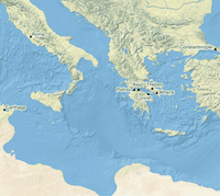 Map of the central Mediterranean centered on Greece with markers at Carthage, Rome, Patras, Aigio, Corinth, Thebes, Athens, and Constantinople.