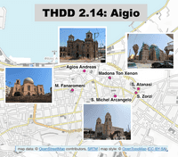 Map of Aigio with locations of 6 churches indicated and pictures of 4 of the churches.