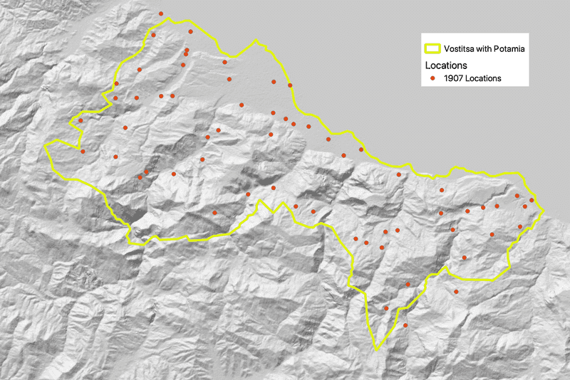 Map of 1907 locations for Vostitsa along with Vostitsa 1700 boundary.