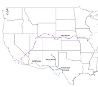 Map of the Western United States showing 1865 and 1868 routes for Shackelford family.