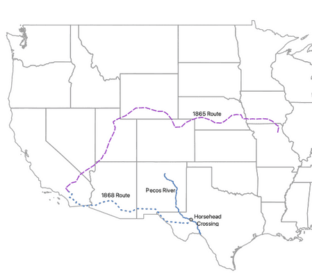 Map of the Western United States showing 1865 and 1868 routes for Shackelford family.