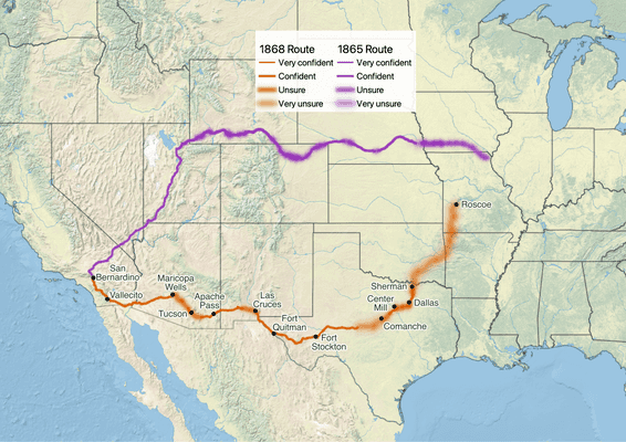 Map of the western United States with Shackelford 1865 route in purple and 1868 route in orange.