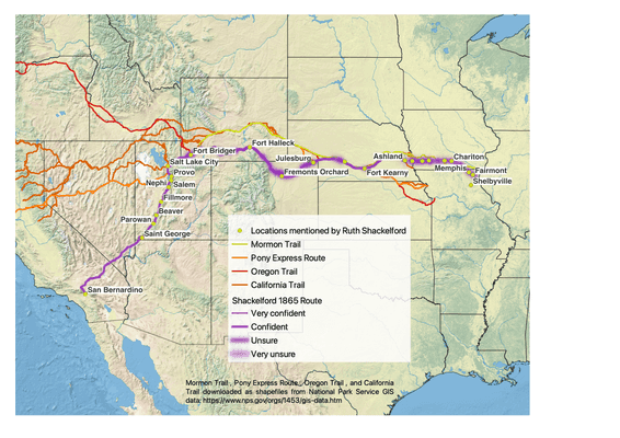 Map of the western United States with Shackelford 1865 route in purple and 1868 route in orange.