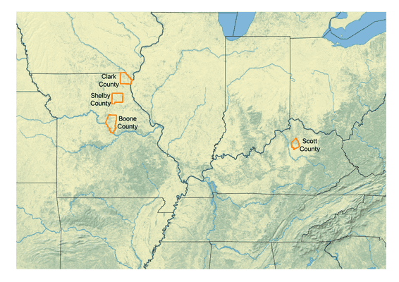 Map of the middle of the United States from Kentucky to Missouri with Scott Co., Kentucky and Boone, Shelby, and Clark Counties in Missouri outlined in blue.