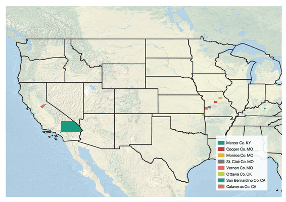 Map of the United States from Kentucky to California with various counties indicated.