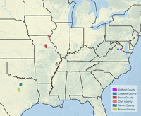 Map of the United States from East Coast to Texas with Culpeper and Stafford counties in Virginia, Boone and Clark Counties in Missouri, and Tarrant and Bosque counties in Texas indicated.